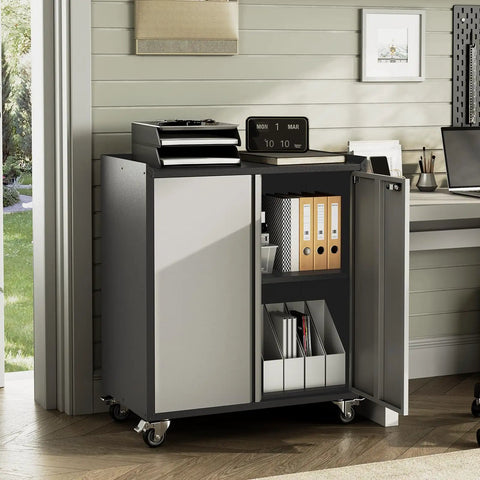 Heavy Duty Metal Garage Storage Cabinet On Wheels With Lockable Door And Adjustable Shelves Rust Resistant Steel Utility Cabinet For Garage Workshop Home Office Grey in an office setting