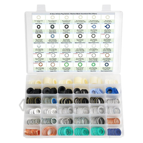 Oil Drain Plug Gasket Kit 36 Size Assortment With 330 Piece Total In Durable 36 Compartment Tackle Box OE Style Washers And Gaskets
