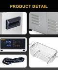 Close-up details of 3L Ultrasonic Cleaner with one-touch operation, built-in heating, control panel, basket, and power cable.