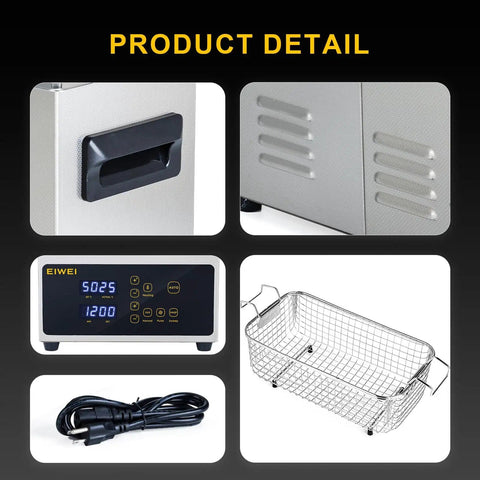 Close-up details of 3L Ultrasonic Cleaner with one-touch operation, built-in heating, control panel, basket, and power cable.