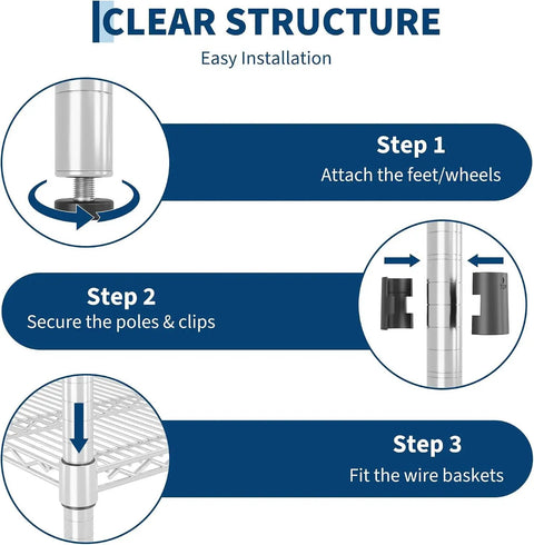 Installation steps for Heavy Duty Four Tier Metal Wire Storage Rack With Smooth Locking Casters And Rust Resistant Matte Finish.