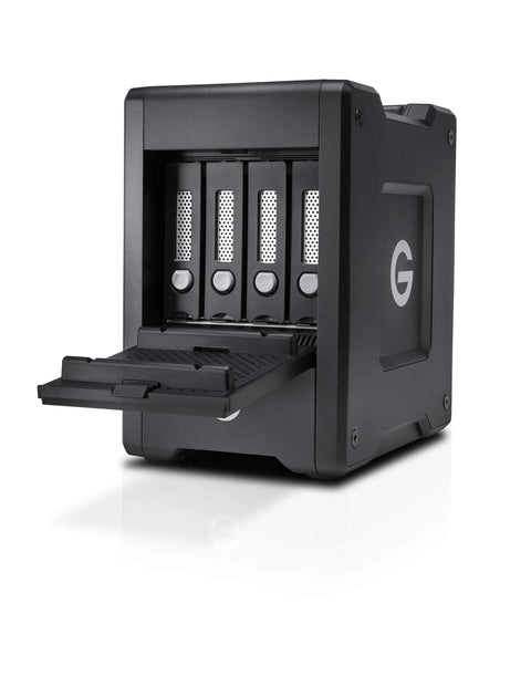 Heavy Duty 72TB Thunderbolt 3 Raid Drive Array With Four High Capacity Drives built for next level 4K and 8K editing sessions view from the front with trays open