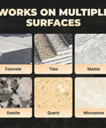 Image showing a grid of surfaces including concrete, tiles, marble, granite, quartz, and microstone suitable for the Diamond Core Stepped Pagoda Drill Bit M10 Thread For Metal And Granite Three Size Hole Opener 20mm 35mm 50mm Chamfered Countersink Beveling For Precise Enlarging Holes Clean Edges Durable Multi Layer Cutter.