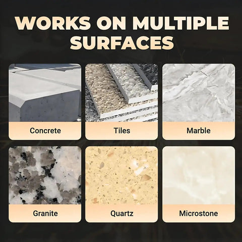 Image showing a grid of surfaces including concrete, tiles, marble, granite, quartz, and microstone suitable for the Diamond Core Stepped Pagoda Drill Bit M10 Thread For Metal And Granite Three Size Hole Opener 20mm 35mm 50mm Chamfered Countersink Beveling For Precise Enlarging Holes Clean Edges Durable Multi Layer Cutter.