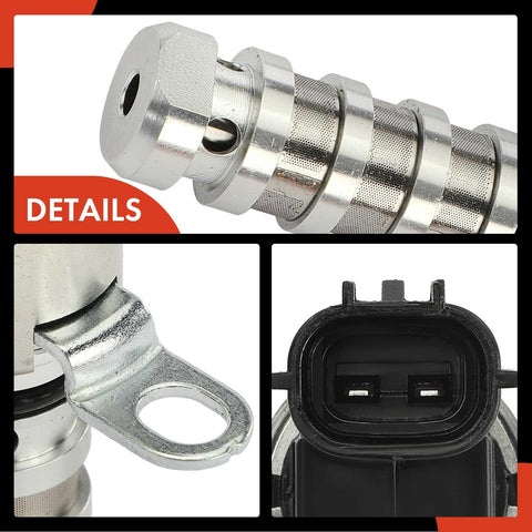 Close-up of Two Piece Intake And Exhaust VVT Solenoid for Hyundai and Kia 1.6L L4 Engines showing details of metal housing and connector.