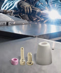Plasma cutting with 50 Piece Plasma Cutting Torch Consumables Kit With 10 Electrodes, 20 Nozzles, 10 Vortex Rings, And 10 Shield Cups.