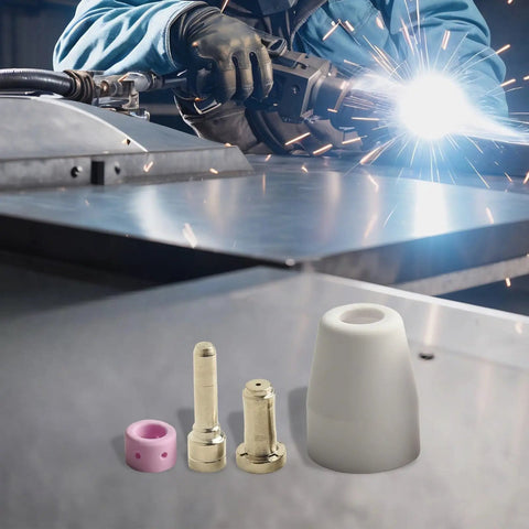 Plasma cutting with 50 Piece Plasma Cutting Torch Consumables Kit With 10 Electrodes, 20 Nozzles, 10 Vortex Rings, And 10 Shield Cups.