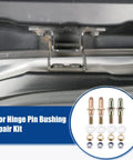 Door Hinge Pin Bushing Repair Kit For Chevy Silverado And GMC Sierra 1999 Up Replacement Pack Of 32 Silver And Bronze Tones OE Numbers 89025539 19299324 Easy Install To Fix Loose Squeaky Misaligned Doors, installed hinge close-up