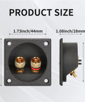 Front and side view of 2.2 Inch Square Screw Type Speaker Terminal Cup For 2 Way Systems With Gold Plated Binding Posts, dimensions labeled.