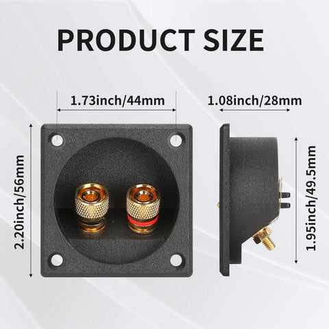 Front and side view of 2.2 Inch Square Screw Type Speaker Terminal Cup For 2 Way Systems With Gold Plated Binding Posts, dimensions labeled.