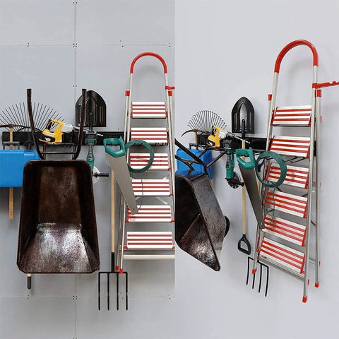 Heavy Duty Steel Garage Wall Mount Tool Organizer with 8 Mixed Hooks, holding ladder, tools, wheelbarrow against a garage wall