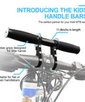 Kid Friendly MTB Handlebar Extender For Mountain Bikes Aluminum Alloy Front Seat Bar Mount 11.8 Inch Extension Fits 20mm To 32mm Bars Adds Space For Lights Phone Bell Bike Computer And Accessories showing rubber grips and mounting detail.