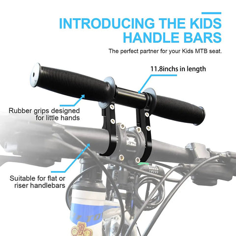 Kid Friendly MTB Handlebar Extender For Mountain Bikes Aluminum Alloy Front Seat Bar Mount 11.8 Inch Extension Fits 20mm To 32mm Bars Adds Space For Lights Phone Bell Bike Computer And Accessories showing rubber grips and mounting detail.