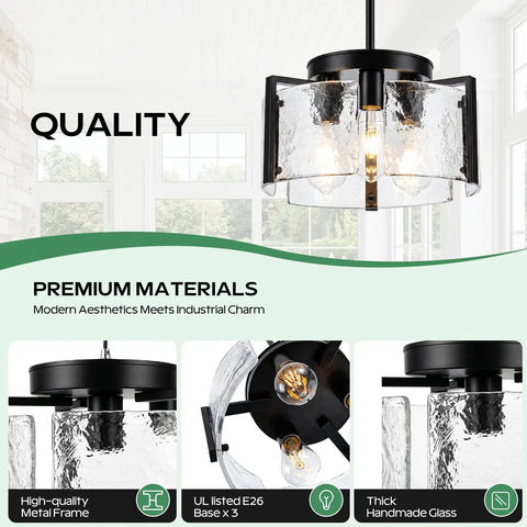 Kickass 14 Inch Three Light Black Chandelier Smooth 2 In 1 Convertible Pendant And Flush Mount With Textured Drum Glass top view showing three lights and metal frame.