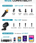 Compatibility chart for All In One Floor Mic Stand With Tablet And Phone Holder, adapters and device sizes shown.
