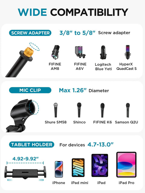 Compatibility chart for All In One Floor Mic Stand With Tablet And Phone Holder, adapters and device sizes shown.