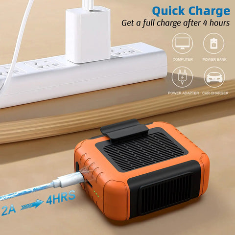 6000mAh Portable Waist Clip Fan With Necklace Mode being charged via USB cable for outdoor use