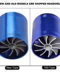 Dual Turbine Air Intake System For Most Vehicles, Turbocharged Airflow Boost Kit with blue finish showing new and old models.