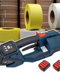 Heavy Duty Electric Strapping Gun Featuring Dual 4000mAh Batteries for Half To Five Eighth Inch PP PET Plastic Bands in warehouse setting.