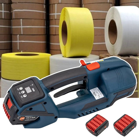 Heavy Duty Electric Strapping Gun Featuring Dual 4000mAh Batteries for Half To Five Eighth Inch PP PET Plastic Bands in warehouse setting.