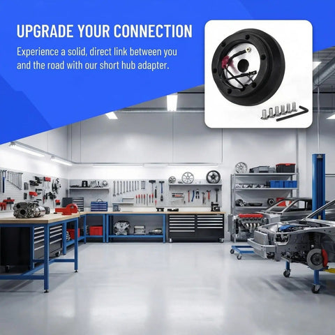 Garage scene featuring 125H Aluminum 6 Hole Short Hub Steering Wheel Adapter Kit Direct Bolt-On Base Connection Fits Lexus IS GS Scion.