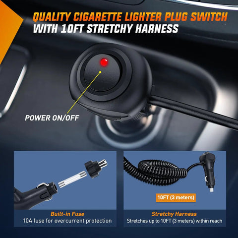Close-up of cigarette lighter plug with 10ft harness, built-in fuse for 13.5 Inch LED Light Bar Triple Row with Magnetic Base.