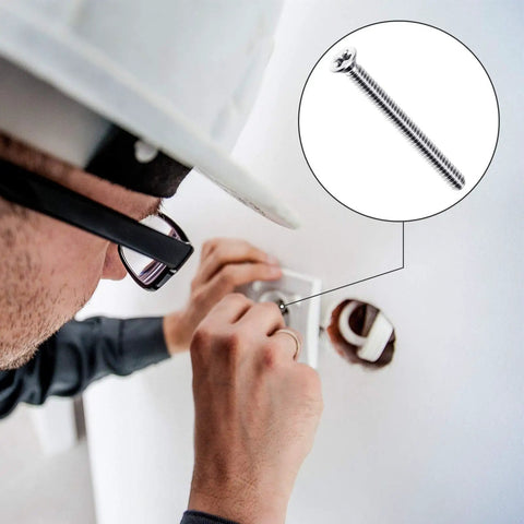 Electrician using Extra Long Outlet Screws for Deep Outlet Boxes and Device Mounts, 6-32 By 1-1/2 Inch, flat head close-up