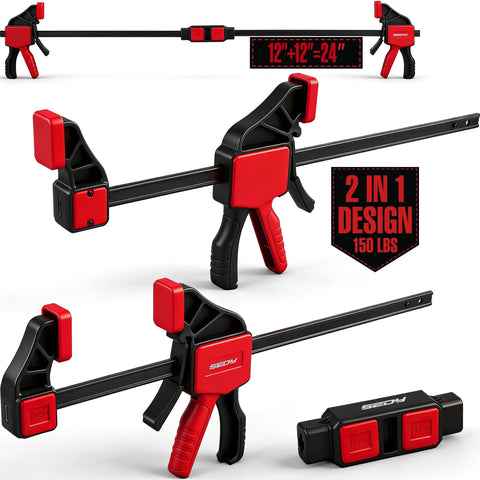 Three-Piece 12-Inch Bar Clamps Set with Quick Release Clamp Connector and Spreader One-Handed Trigger Clamps Up to 150 Lbs