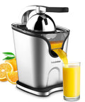 Healnitor 150W Electric Citrus Juicer with Two Cones, Stainless Steel Quiet Orange Juice Extractor For Lemon Lime Grapefruit, Detachable Design And Easy Clean kitchen gadget with fresh orange juice pouring.
