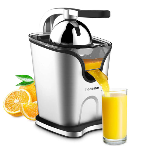 Healnitor 150W Electric Citrus Juicer with Two Cones, Stainless Steel Quiet Orange Juice Extractor For Lemon Lime Grapefruit, Detachable Design And Easy Clean kitchen gadget with fresh orange juice pouring.