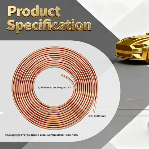 25 Ft Five Sixteenths Inch Brake Line Kit Pro Grade Copper Plated Iron Tubing With Sixteen Inverted Tube Nuts For Car Brake Repair