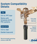 Heavy Duty Brass Impact Sprinkler Head Offering Close And Far Coverage With Dual Nozzles For Total Lawn Protection With Robust 3/4 In Mpt Connection And Heavy Duty Brass Build Without Kinking Or Failure In Your Garden Setup, showing compatibility details with FPT riser and PVC systems.