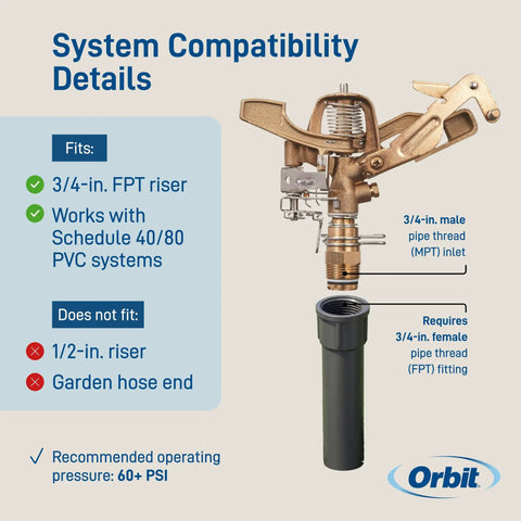 Heavy Duty Brass Impact Sprinkler Head Offering Close And Far Coverage With Dual Nozzles For Total Lawn Protection With Robust 3/4 In Mpt Connection And Heavy Duty Brass Build Without Kinking Or Failure In Your Garden Setup, showing compatibility details with FPT riser and PVC systems.