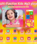 Kids MP3 Player With Bluetooth, 32GB Pink Portable Music Player showing child using headphones and icons on colorful screen