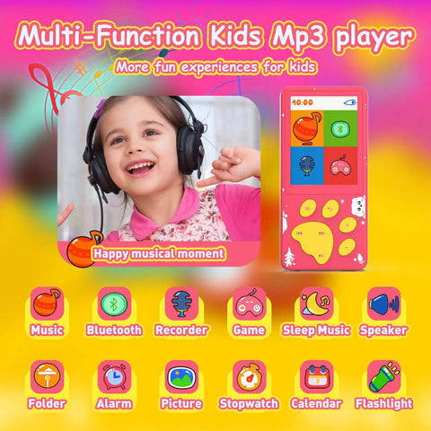 Kids MP3 Player With Bluetooth, 32GB Pink Portable Music Player showing child using headphones and icons on colorful screen