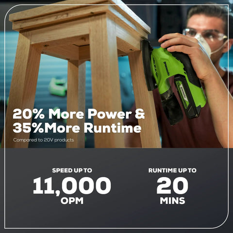 Person using Cordless 24V Mouse Detail Sander With 11,000 OPM Orbit on wooden furniture, focus on pro grade lightweight design.