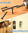 Close-up of Drywall Screws Assortment Kit, 108 Piece Set With Coarse Thread Self Tapping Phillips Drive in use on wood and drywall.