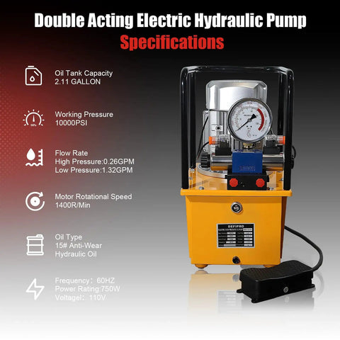 Electric Hydraulic Pump Double Acting 8.4 Quart 2.1 Gallon Power Pack Workhorse With Solenoid Valve 8L Cylinder Portable Pump For Punching Bending And Jacking Up To 10000 PSI 750W 110V