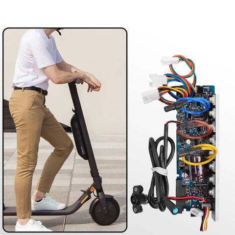 Direct Fit Replacement Controller Board For E45 Scooter With Smartphone App Speed Control Quick Fault Diagnostics Ride Ready DIY Install with cables and connectors next to a standing scooter.