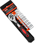 Professional Grade Mini Socket Set Featuring Quick Grip Ratchet And Extension Bar For Knuckling Down On Stubborn Bolts Fast Repairs At Home Or Under The Hood in tray with various metric sockets.