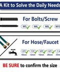 Diagram showing bolt and screw sizes from M5 to M10, and hose sizes from 10mm to 25mm for 200-Piece Flat Rubber Washer Set For Bolts Faucets Screws Garden Hose And Plumbing Black Rubber Gaskets Five-Size Assortment Durable SBR Material Leakproof Cushioned Seals.