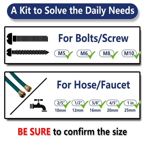 Diagram showing bolt and screw sizes from M5 to M10, and hose sizes from 10mm to 25mm for 200-Piece Flat Rubber Washer Set For Bolts Faucets Screws Garden Hose And Plumbing Black Rubber Gaskets Five-Size Assortment Durable SBR Material Leakproof Cushioned Seals.