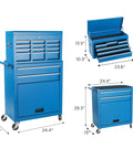 Blue 8 Drawer Rolling Tool Chest Hella Tough Shop Ready Design Detachable Top Bin With Cushioned Drawer Trays And Nifty Side Hooks For Hardworking Practical Pros dimensions showing drawers and top bin