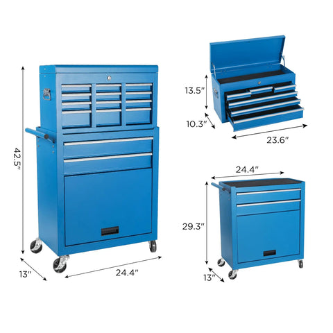 Blue 8 Drawer Rolling Tool Chest Hella Tough Shop Ready Design Detachable Top Bin With Cushioned Drawer Trays And Nifty Side Hooks For Hardworking Practical Pros dimensions showing drawers and top bin