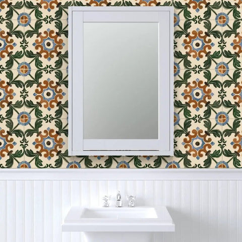 Pro Level Distressed Tiles Vinyl Wallpaper With Badass Leather Texture For Commercial Spaces And Home Renos Paste Required Super Durable Type Two Wallcovering Custom Printed Just For You Killer Interior Decor with floral pattern in bathroom.