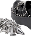 Black platform shoe with silver spikes; foreground shows assorted cone studs and rivets.