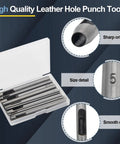 17 Piece Round Leather Hole Punch Kit 0.5 To 7mm Metal Hollow Punch Tool Set for leather crafts with storage box and size details