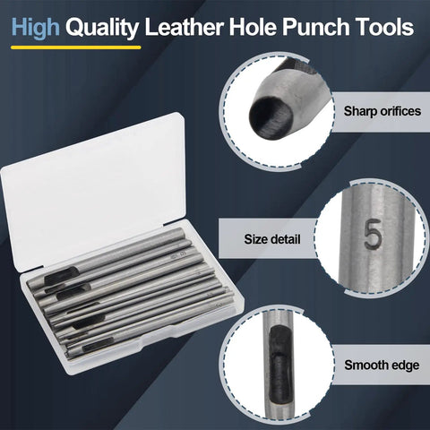 17 Piece Round Leather Hole Punch Kit 0.5 To 7mm Metal Hollow Punch Tool Set for leather crafts with storage box and size details