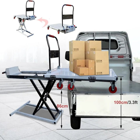 Rock Solid Electric Hydraulic Scissor Lift Cart With Six Hundred Sixty Pound Load Rating And Forty Inch Foldable Work Platform for lifting boxes.