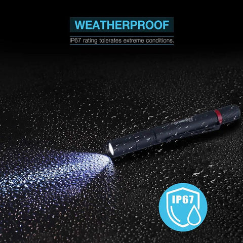 Led Pen Flashlight 10 Pack With Pocket Clip 3 Mode Mini Pen Lights Ultra Bright IP67 Waterproof in rain showing beam.